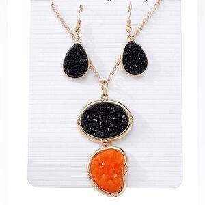 Elegant Black and Orange Pendant Necklace & Earrings Set